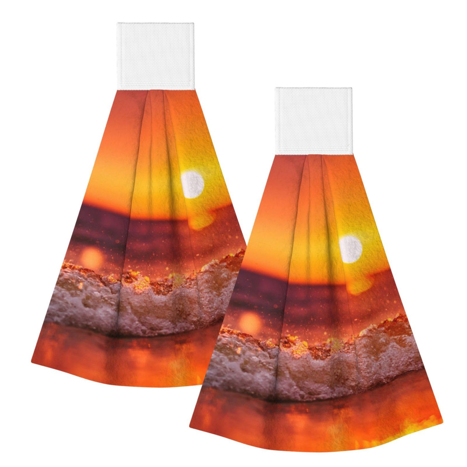 DOPKLNA Sunset With Sea Waves Printed, 2 Pcs Hanging Coral Fiber Hand Towels for Bathroom, Absorbent Kitchen Towels