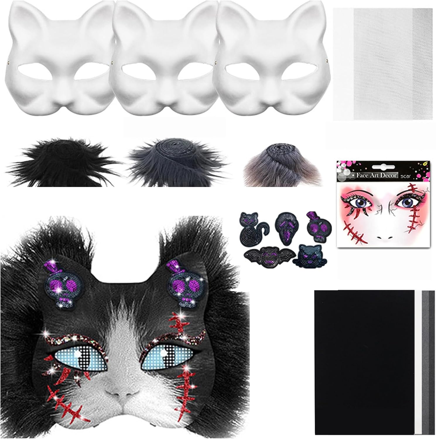Freebily Diy Cat Mask Kit, White Cats Masks Faux Fur Sticker Sequins Cloth Stickers Felt For Halloween Cosplay