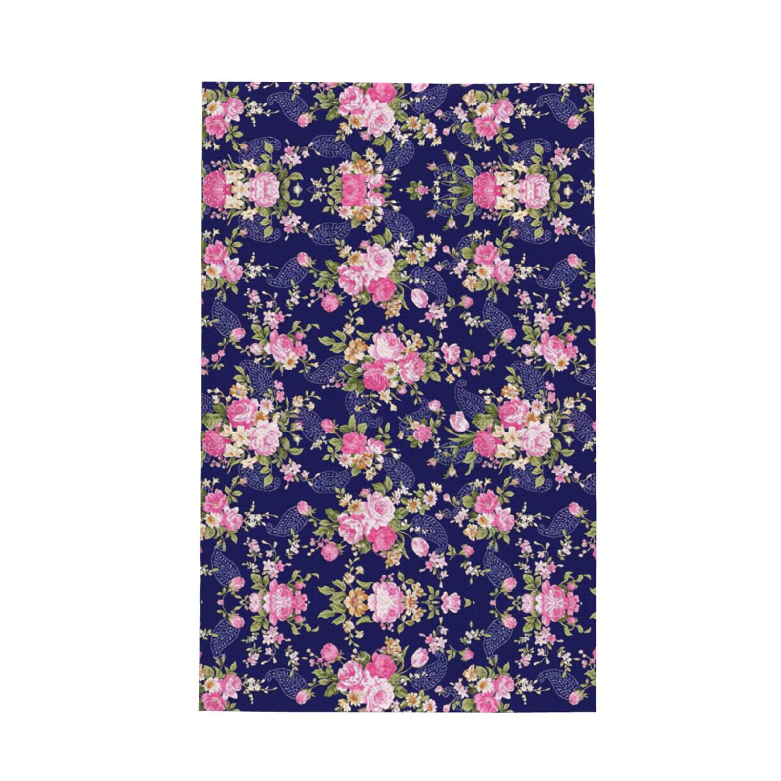 Uusnwaa Navy Blue Base Floral Printed Waffle Microfiber Kitchen Towels