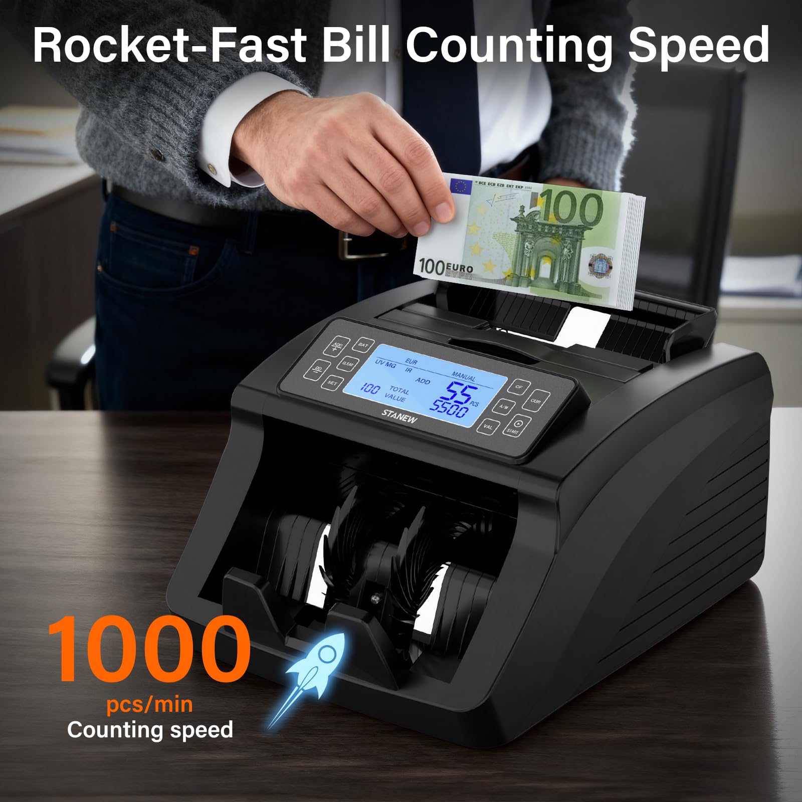 Compteuse de Billets STANEW, Modes de Comptage Par Lots et Par Coupures, Compteuse de Billets Professionnelle Euro,UV/MG/IR, Vitesse >1000pcs/min, EUR/USD/GBP,Compteuse de Billets Portable avec Affich
