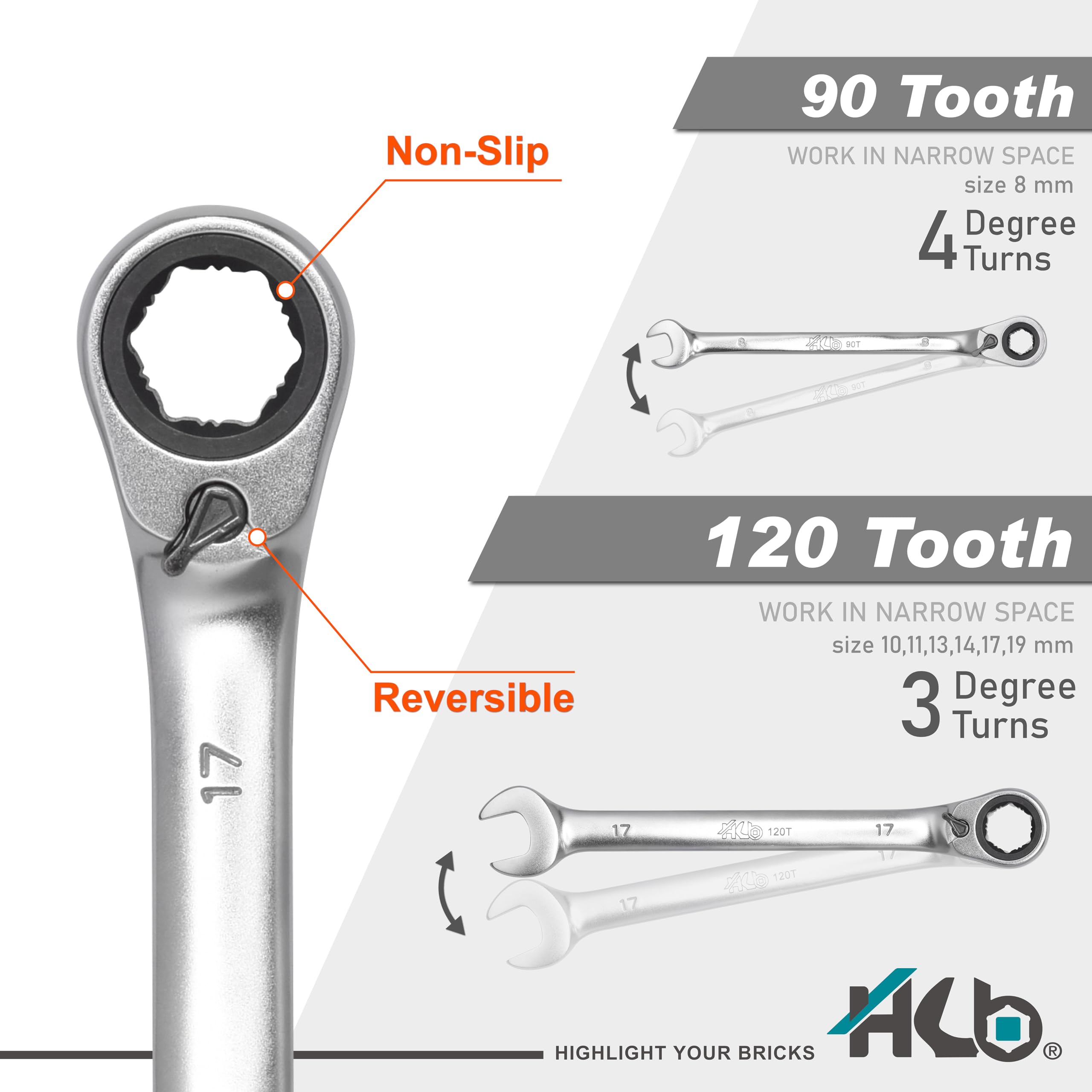 HB 7 Piece Ratchet Spanner Set Metric 90 Tooth & 120 Tooth Non Slip Reversible Combination Wrenches with Storage Rack Chrome Vanadium Steel Professional Workshop Tools Made in Taiwan WGM002-G - Image 2