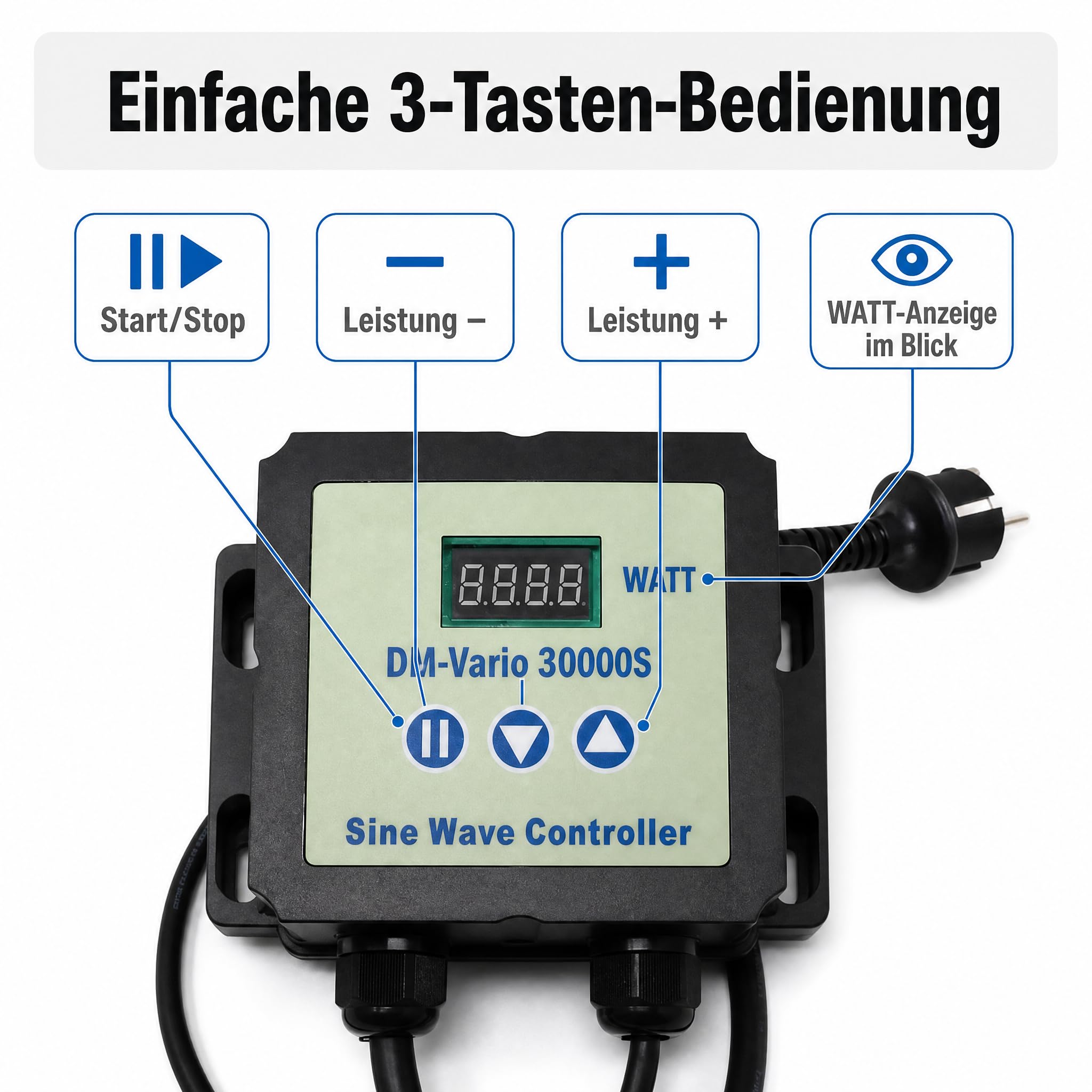 Pumpensteuerung kompatibel mit AquaForte DM‑Vario 30.000S, Sine‑Wave‑Controller mit WATT‑Anzeige, 3‑Tasten‑Bedienung, robustes Gehäuse mit Kühlrippen, Schuko‑Netzstecker & 4‑poliger Rundstecker