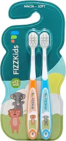 Pack com 2 escovas dentais, kids, animais, +12 meses, cerdas macias, azul e laranja