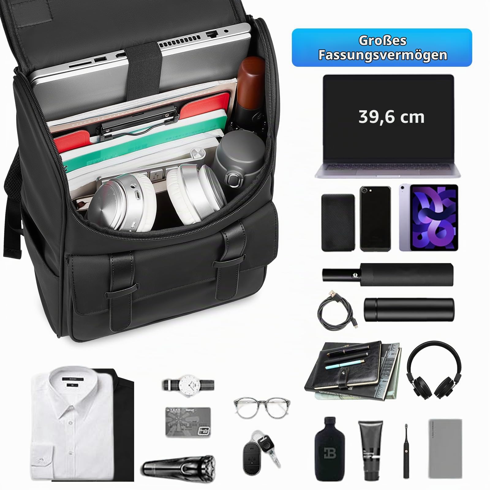 Business Rucksack Herren Wasserdicht 15,6 Zoll Laptop Rucksack Damen Arbeit Schulrucksack Mädchen Teenager für Freizeit Uni Reise-Schwarz