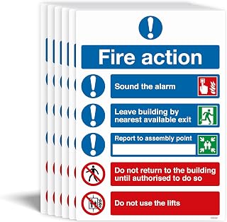 Fire Action Plan with symbols - Fire Risk Assessment Sigs - Self-adhesive vinyl Sticker - Fire Action Sign - Pack of 6 - A5 210x148mm)