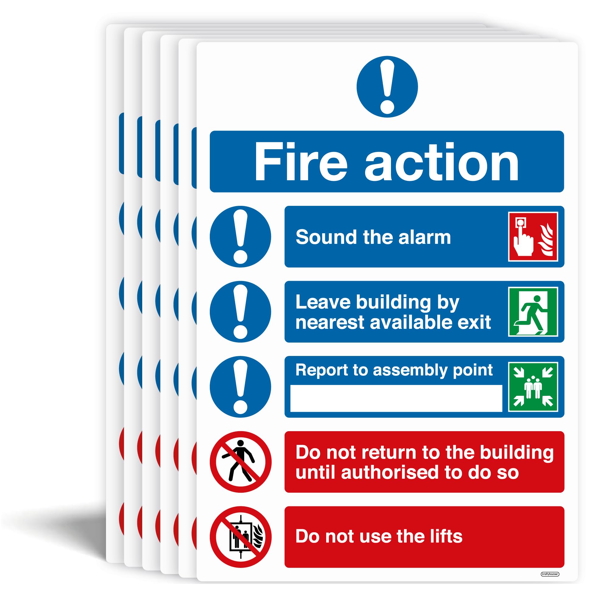 Pack of 12 Fire Action Plan with symbols - Fire Risk Assessment Sigs - A5-210mm x 148mm - Self-adhesive vinyl Sticker - Fire Action Plan Sign