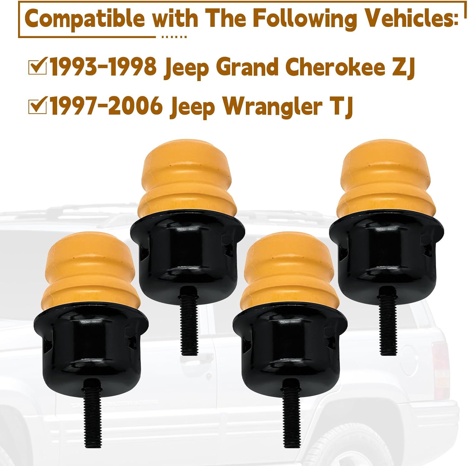 4 Pcs Bump Stops with Cups Brackets Compatible with 1993-1998 Jeep Grand Cherokee ZJ 1997-2006 Wrangler TJ Replace 52087636AC 52087636AB