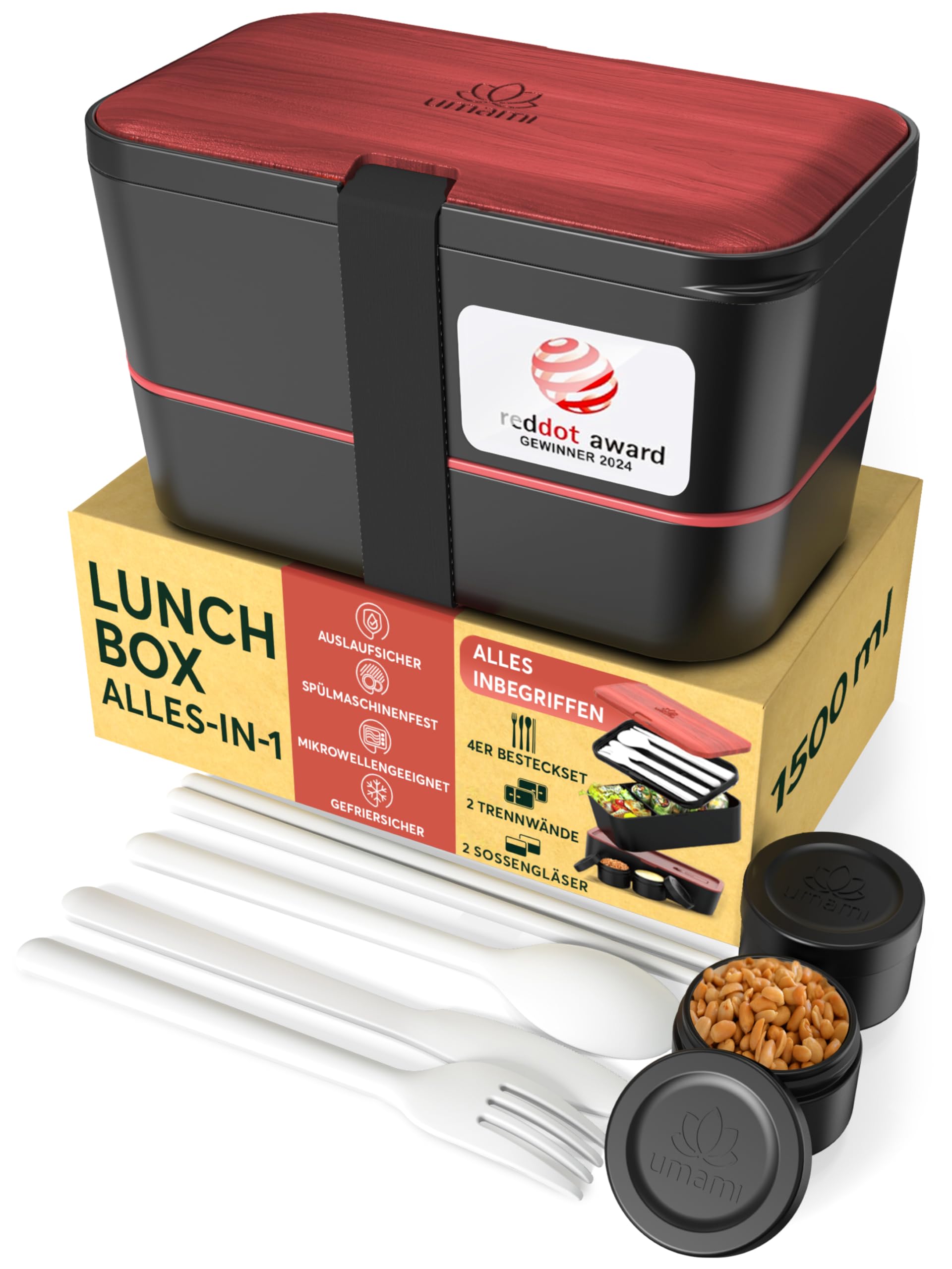 Umami Lunchbox Erwachsene, auslaufsicher, bento box Fächern & 4 Bestecke