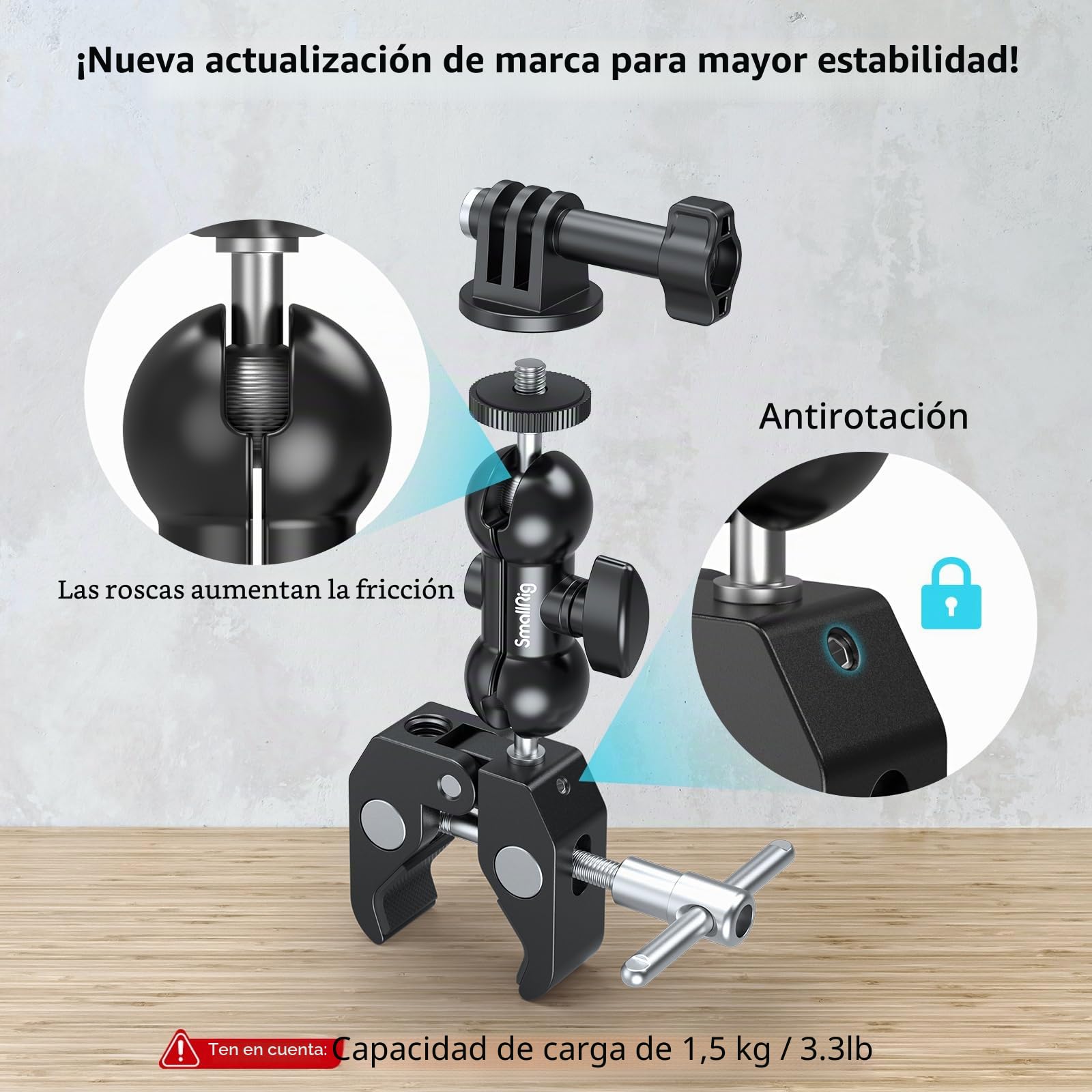 SMALLRIG Paquete de 2 abrazaderas de cámara súper, adaptador de brazo mágico de doble cabezal esférico, montaje para valla/escritorio/trípode para monitor/luz/cámara, para Insta360, para Gopro, para