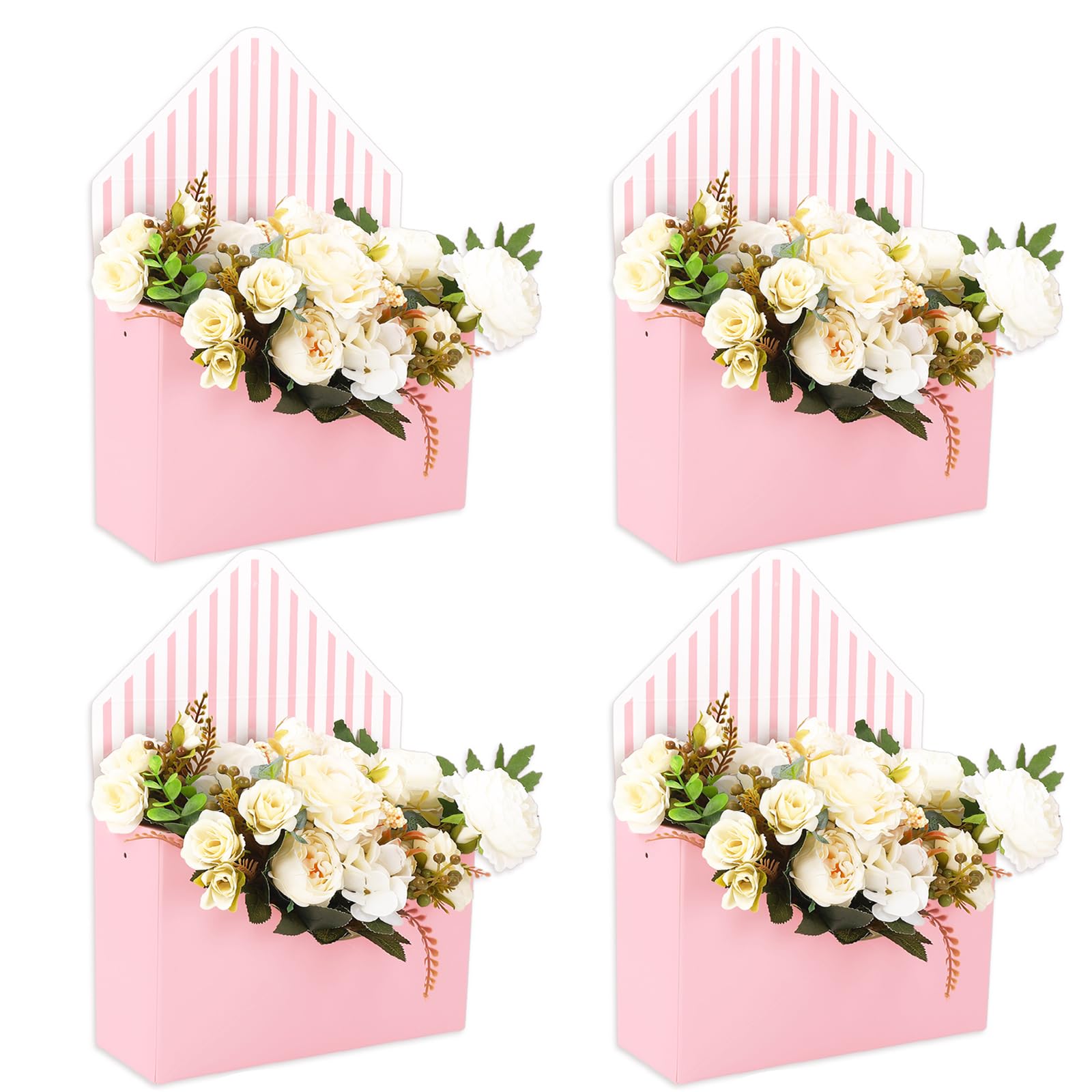 FYSUIMU 4Pcs Mother's Day Floral Envelope Box Empty Flower Stripe Paper Box Florist Bouquet Packaging Boxs for Valentine's Day Wedding Birthday Party Arrangements, Pink