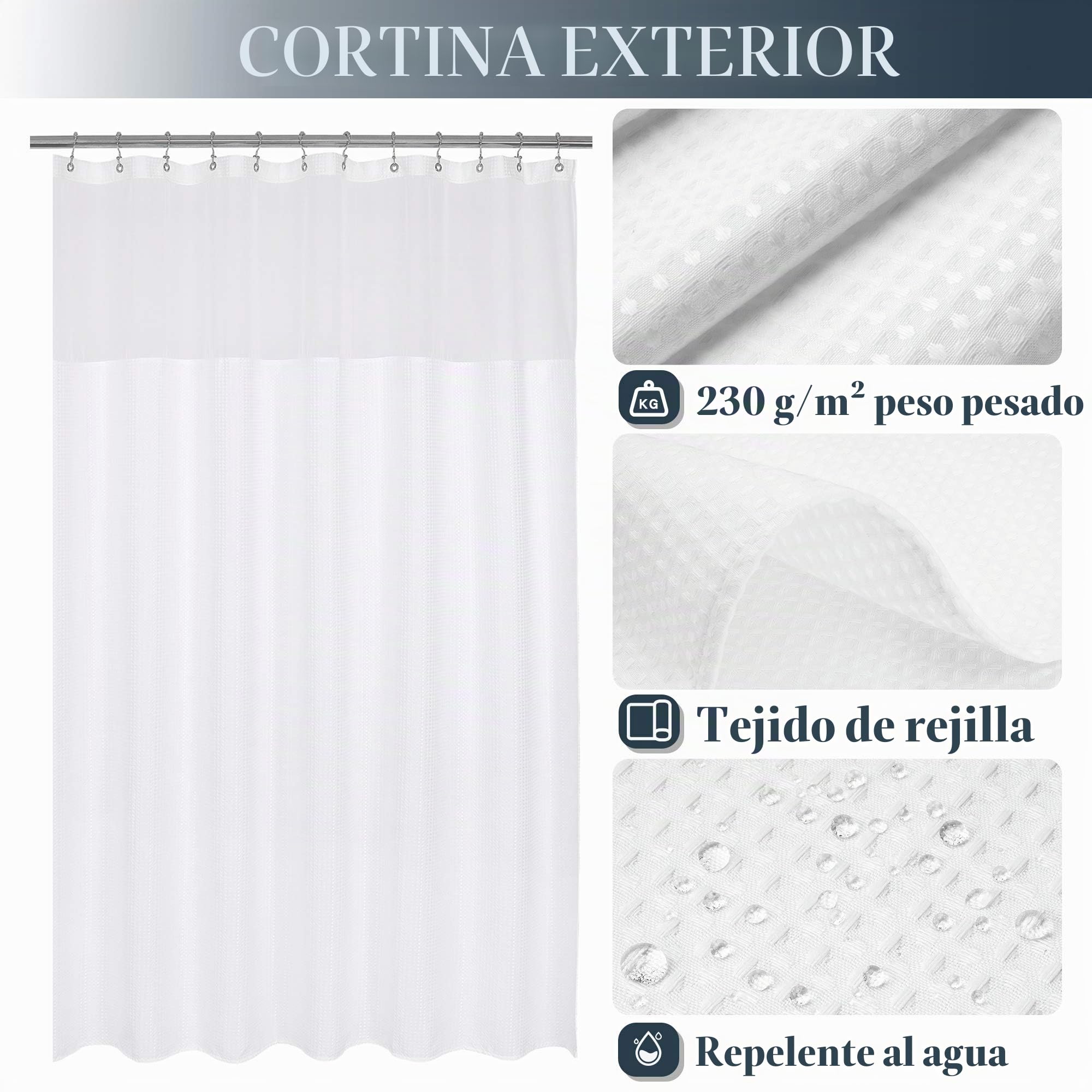 N&Y Home - Cortina de Ducha de Tejido en Relieve con Forro de Tela a presión, 12 Ganchos Blancos incluidos, Estilo hotelero, Impermeable y Lavable, Tela Pesada y Ventana Superior de Malla, 180 x