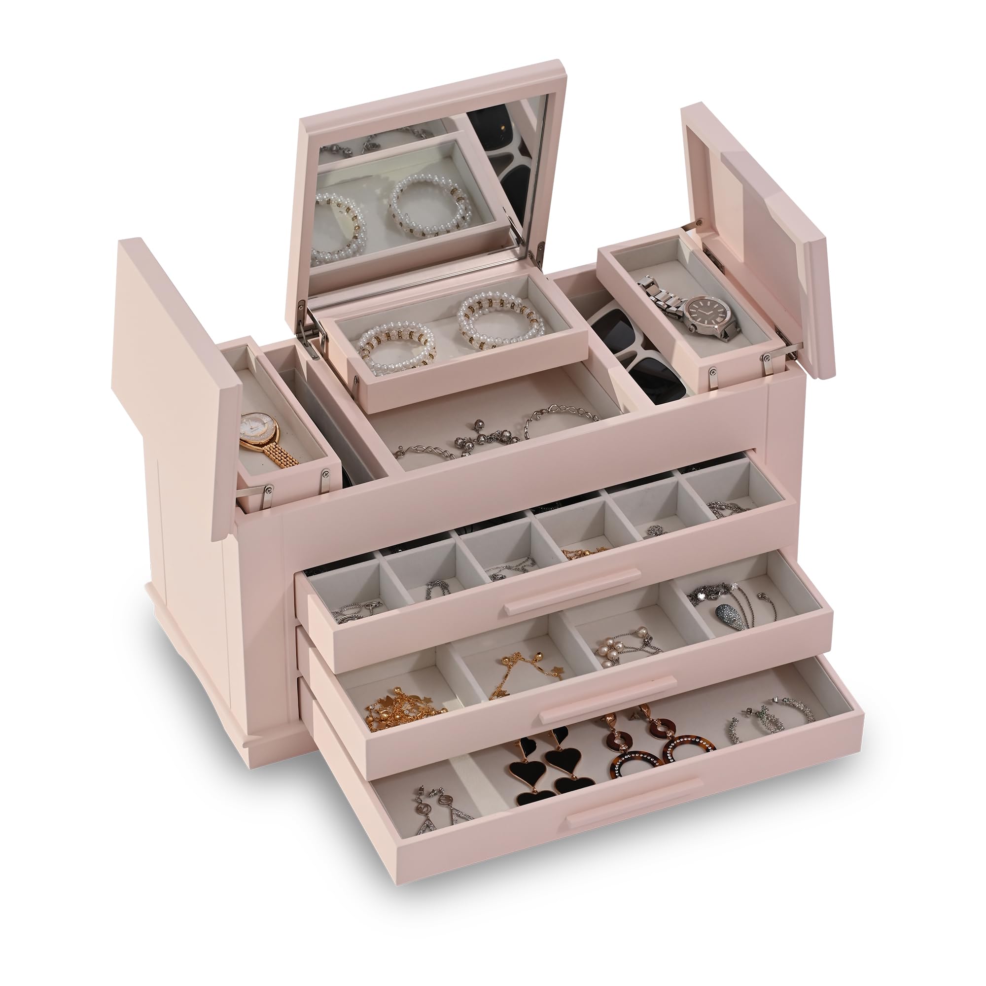 Hanway 4 Layers Wooden Jewelry Box Organizer for Women, with multiple compartments, featuring interior mirror & tray for necklaces, earrings, bracelets, glasses, and rings (Pink)