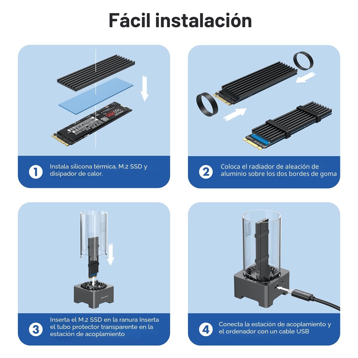 GRAUGEAR Estación Acoplamiento SSD M.2, USB 3.2 Gen2 10Gbps, Ventilador 50mm, RTL9201B Compatible NVMe y NGFF, Incluye Cables USB-C y A-C