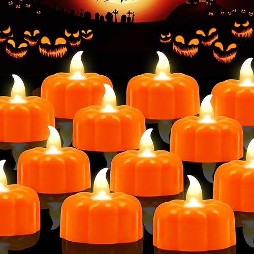 12 Pack Pumpkin Tea Lights Fall Decorations, LED Orange Pumpkin Lights FlameLess Candles Battery Operated Halloween Pumpkins Flickering Candles for Thanksgiving Table Home Party Decor