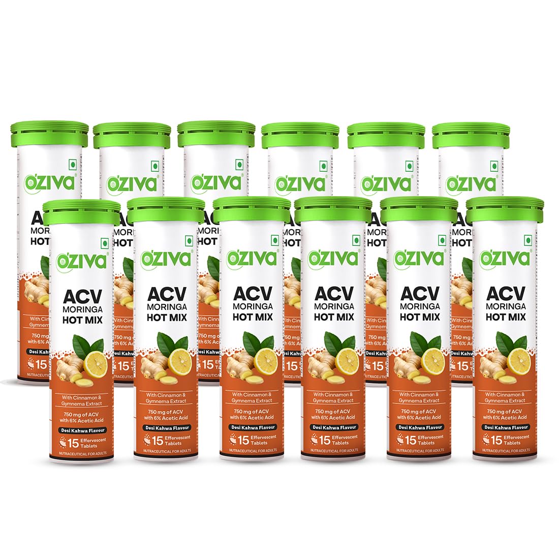 OZiva ACV Moringa Hot Mix | Control Cravings & Boost Metabolism | Apple Cider Vinegar, Gymnema, Cinnamon, Moringa | Desi Kahwa - 180 Effervscent Tablets. (Pack of 12)