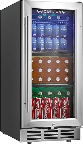 EUHOMY Refrigerador de bebidas de 15 pulgadas bajo encimera, 127 latas, refrigerador de bebidas integrado o independiente con puerta de vidrio, luz