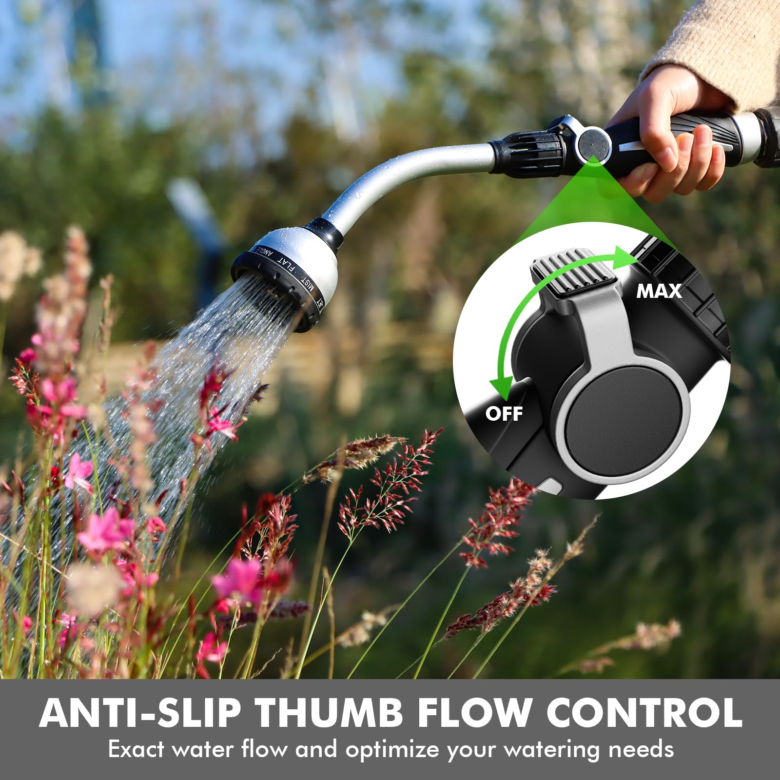 RESTMO Bacchetta per irrigazione resistente, in metallo, con controllo del flusso del pollice, ugello per tubo lungo 38 cm con 10 modalità di spruzzo, ideale per annaffiare cesti e arbusti, argento