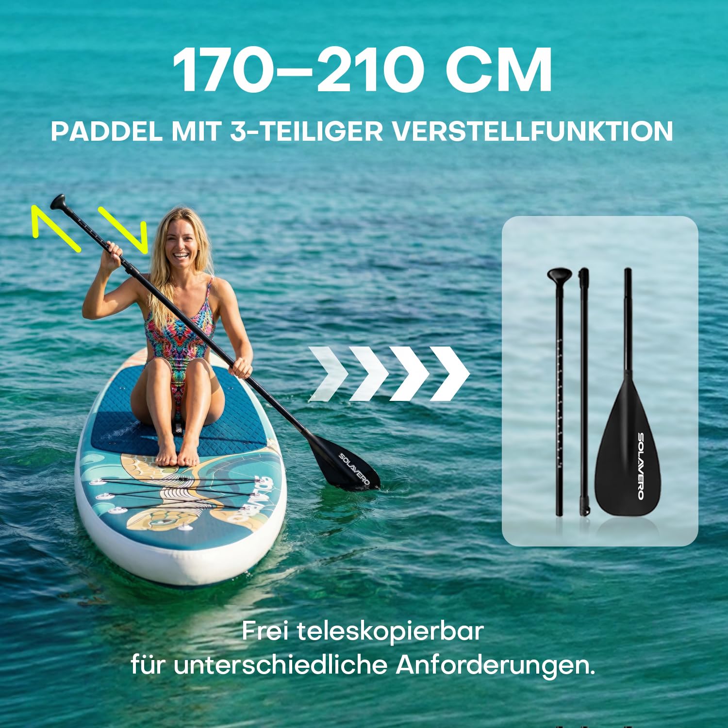 SOLAVERO Aufblasbares Stand Up Paddling Board 335 x 86 x 15 cm, bis 200 kg | SUP Board Set mit Komplettset, Paddel, Finnen & Luftpumpe, PVC Stand Up Paddle für Erwachsene, Familien und Anfänger