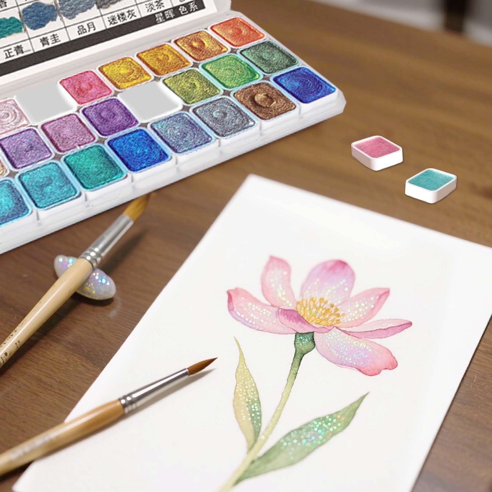 Peinture Aquarelle Nacrée 24 Couleurs, Ensemble Métallisé Paillettes Minérales pour Nail Art