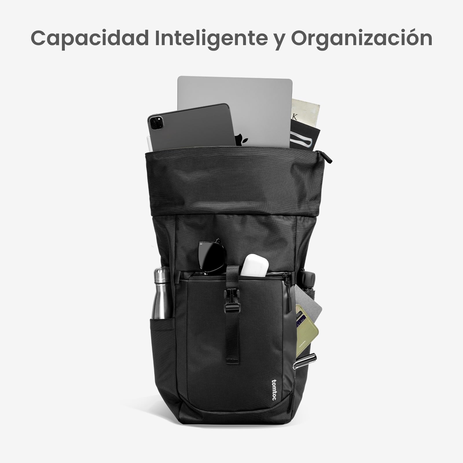 tomtoc Mochila Enrollable para Portátil de 13-17,3 Pulgadas, Rolltop Mochila de Viaje Impermeable y Expansible, Capacidad Ajustable 25-30L, Mochila de Commuter, Trabajo, Casual y Universidad, Negro