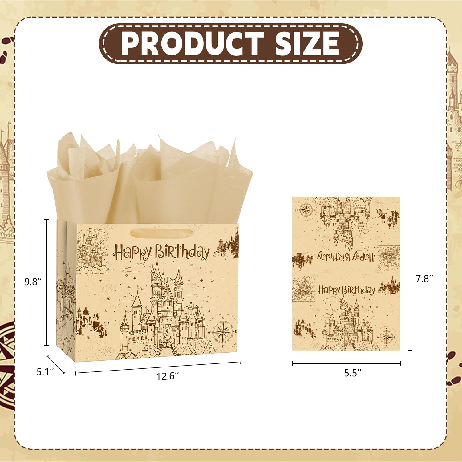 Ranfashiong 13" Brown Magic Wizard Gift Bag with Tissue Paper, Vintage Design Kraft Ancient Castle Princess Birthday Party Favor for Baby Shower, Girl, Boys Wrapping