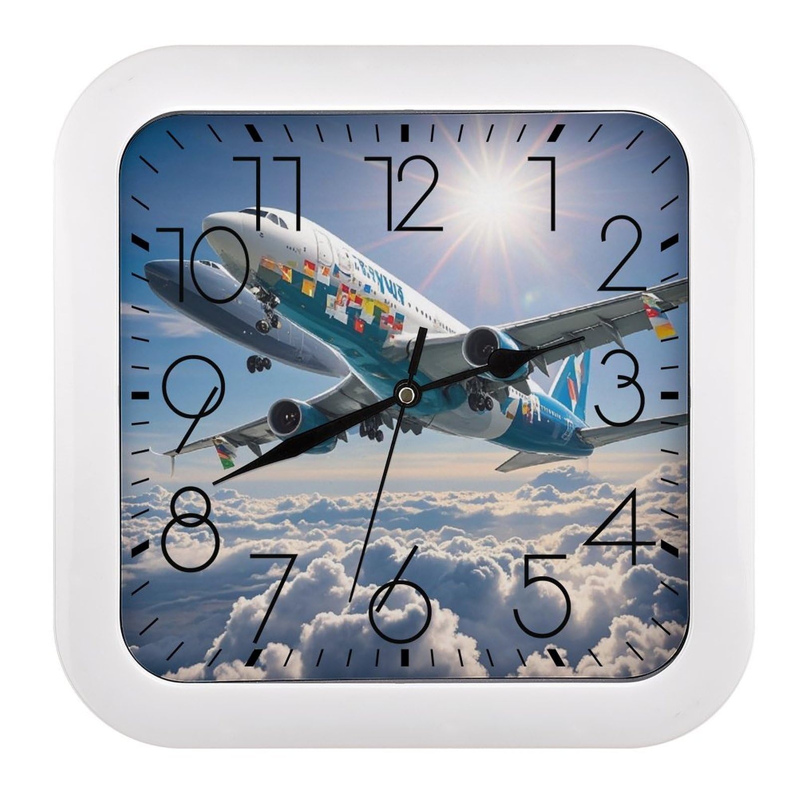 FekiLoot Airplane Wall Clock Battery Operated Square Decorative Wall Clocks Silent Non Ticking Analog Clock Modern Retro Vintage Wall Clocks for Kitchen Living Room Office 10.2 Inch