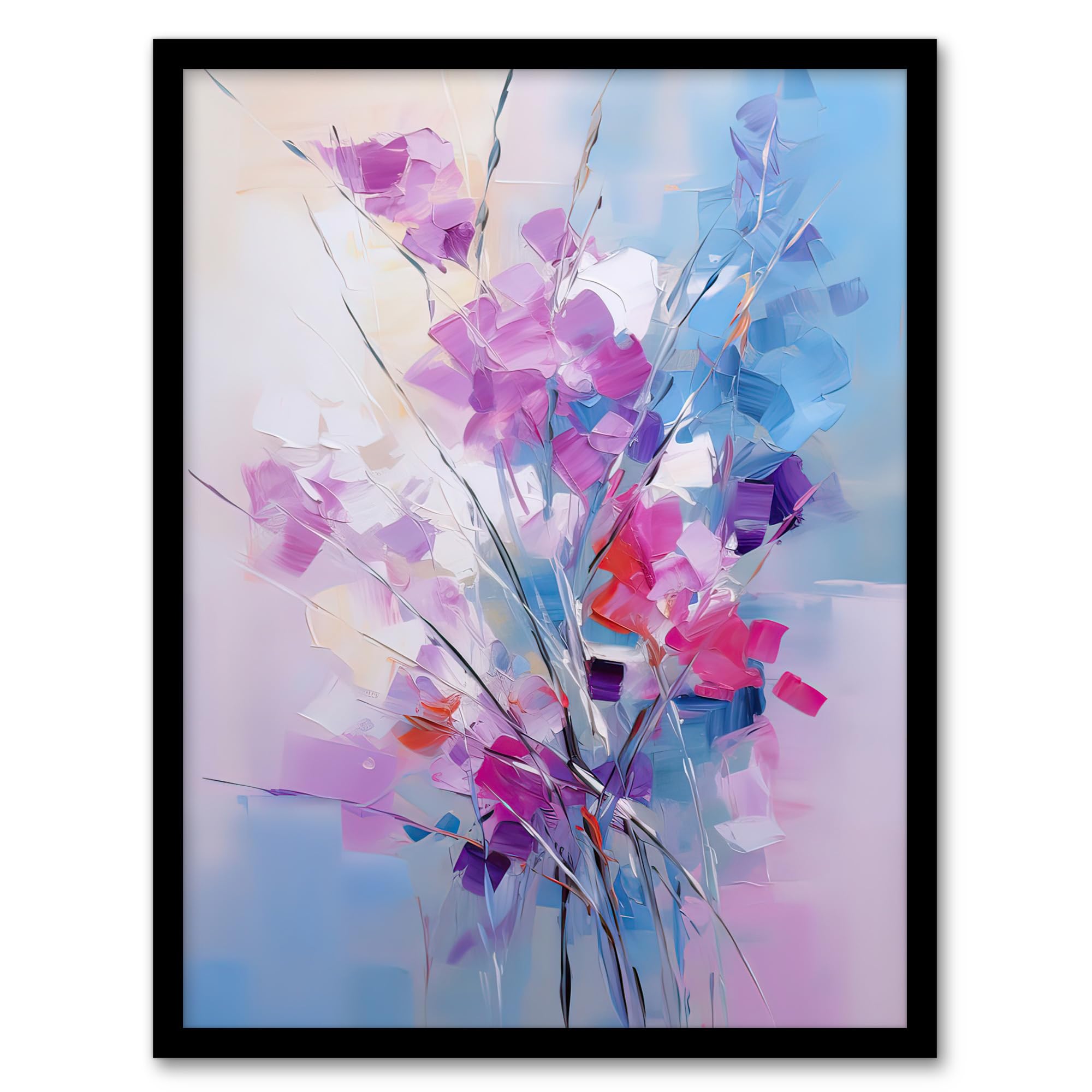 Artery8 Abstract Wildflower Bouquet Oil Painting Palette Knife Purple Blue Pink Pastel Colour Floral Artwork Artwork Framed Wall Art Print A4