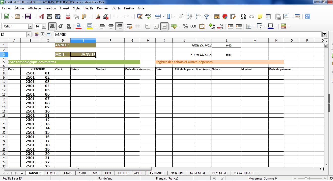 Fichier Comptabilité Livre de compte Journal Micro entreprise, Auto Entreprise - Registre des Recettes et des Achats - Format Excel, Libre Office - Facile et Personnalisable