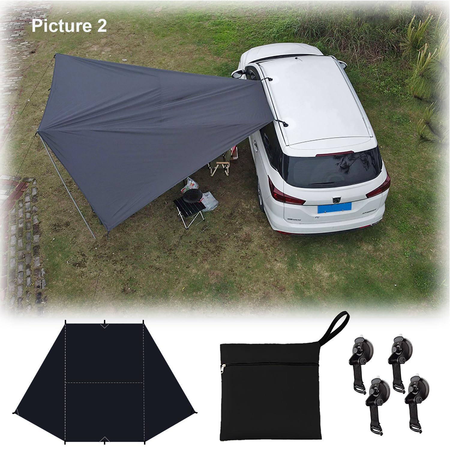 SUV-Hecktür-Zelt - 200x300cm, Schwarz Universelles Camping-Auto-Markise, Sonnensegel Wohnwagen Wasserdicht 8000mm & UPF 50+,Tragbares Heckklappenzelt, Auto Camping Ausrüstung