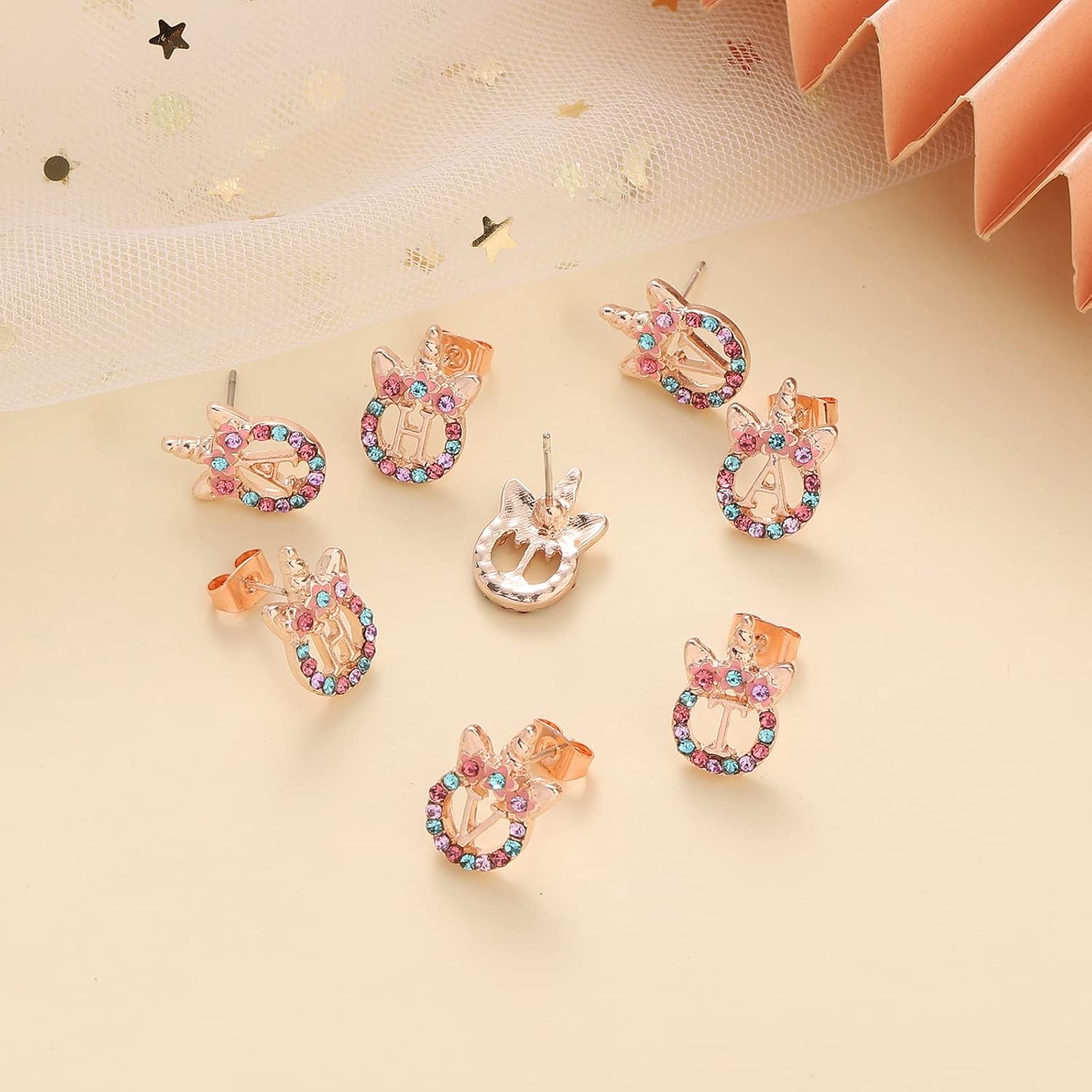 Cute Initial Unicorn Hypoallergenic Stud Earrings Rhinestone Initial Letter Stud Earrings for Girls Unicorns Jewelry Gifts for Kids - Image 9