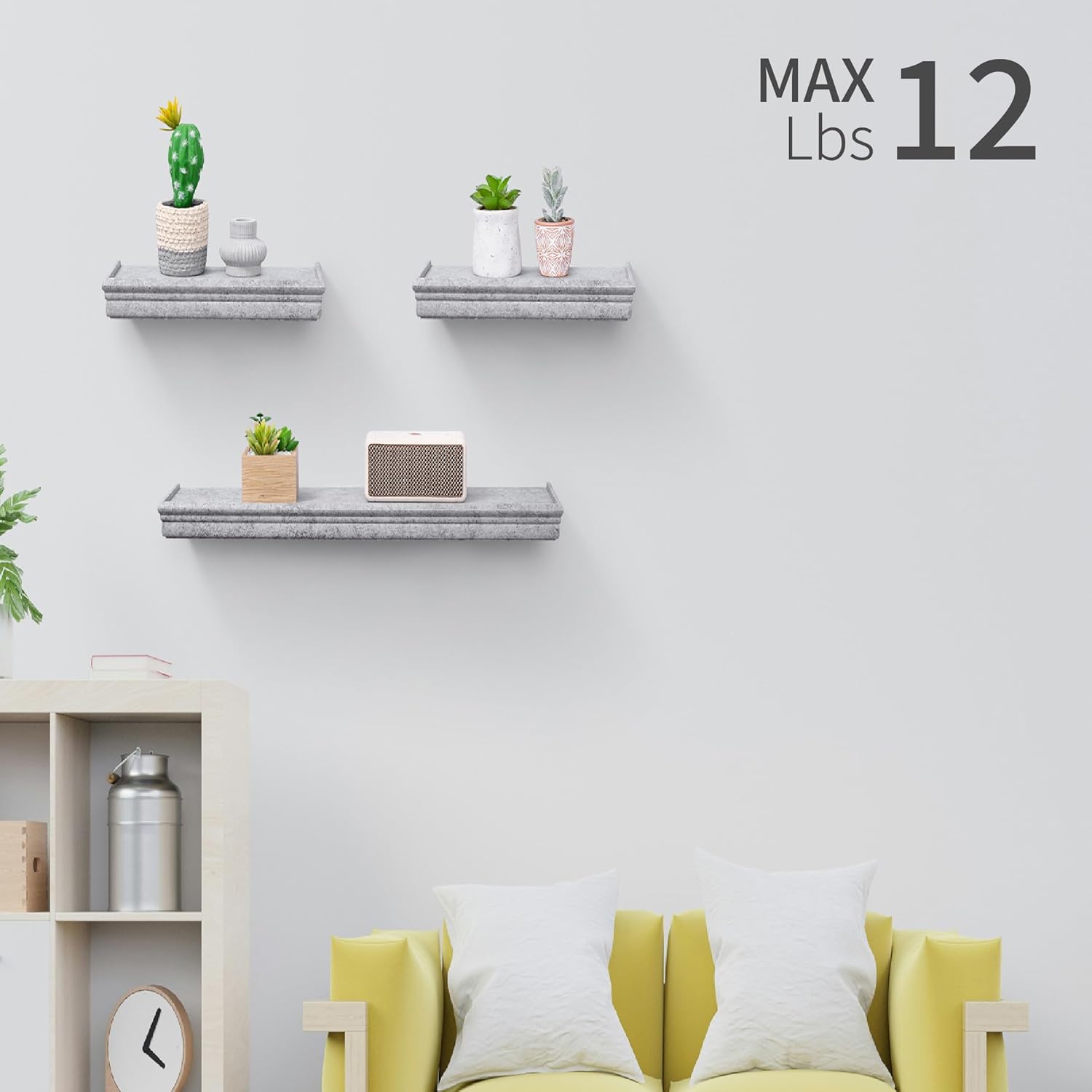Floating Wall Shelves Set of 2 or 3, MDF Wood. for Living Room, Bedroom, or Bathroom. Display Books, Plants, and Decor. (Cement Gray, 24''x2''x6'' + 12''x2''x6'', 3)