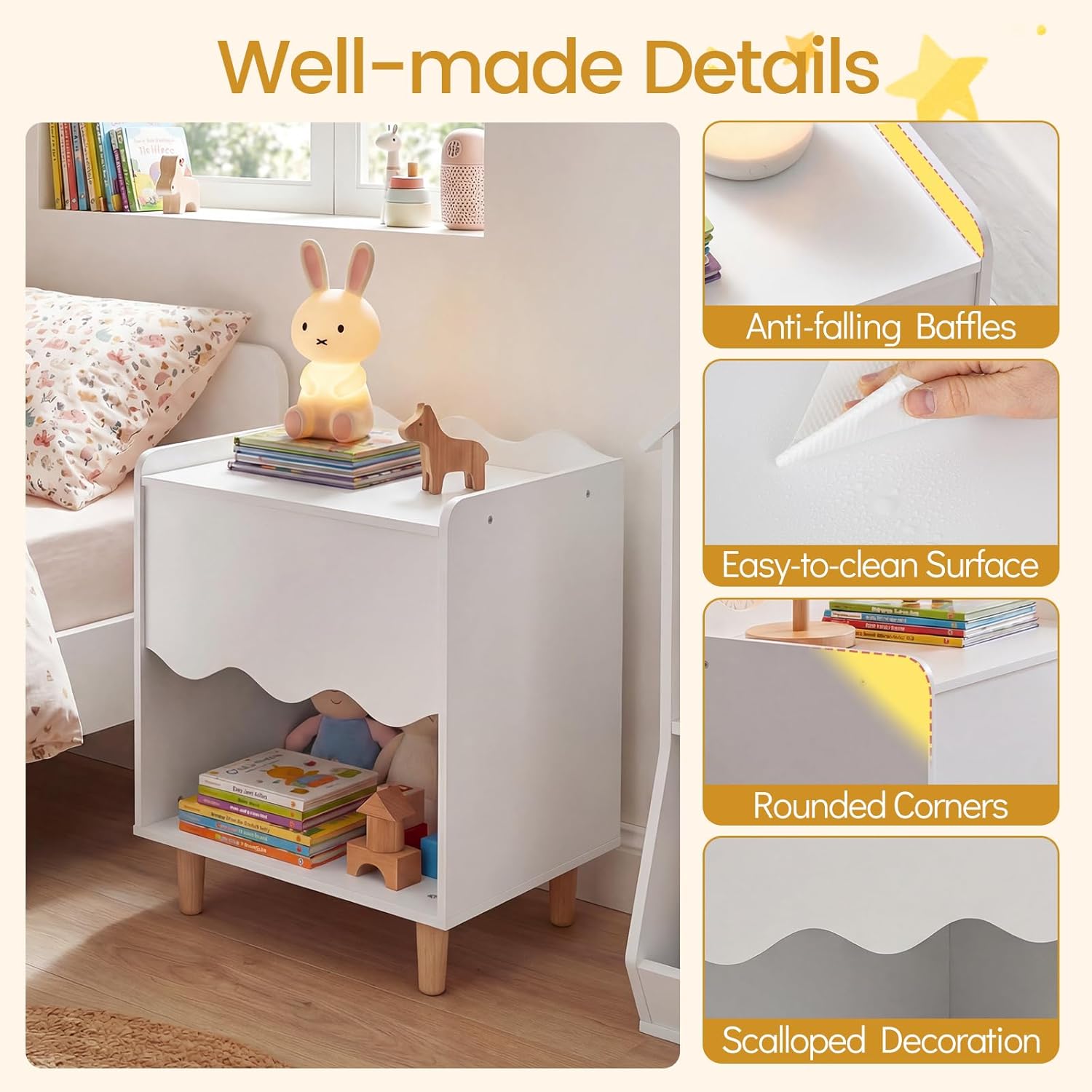 Costzon Nightstand, Kids Scalloped Side Table w/Wide Top, Large Storage Compartment & Solid Rubber Wood Legs, Wooden End Table for Children's Play Room, Bedroom, Living Room (White)
