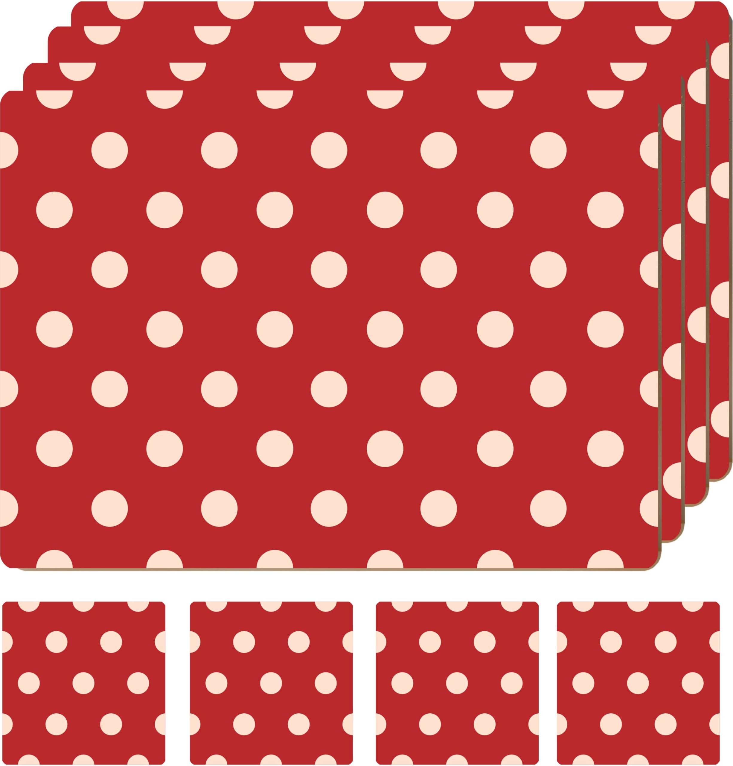 Moderry Set of 4 Heat Resistant Cork Placemats for Dining Table with Free Set of 4 Matching Drink Coasters Cream & Red Polkadot Design 16 x 12 Inches