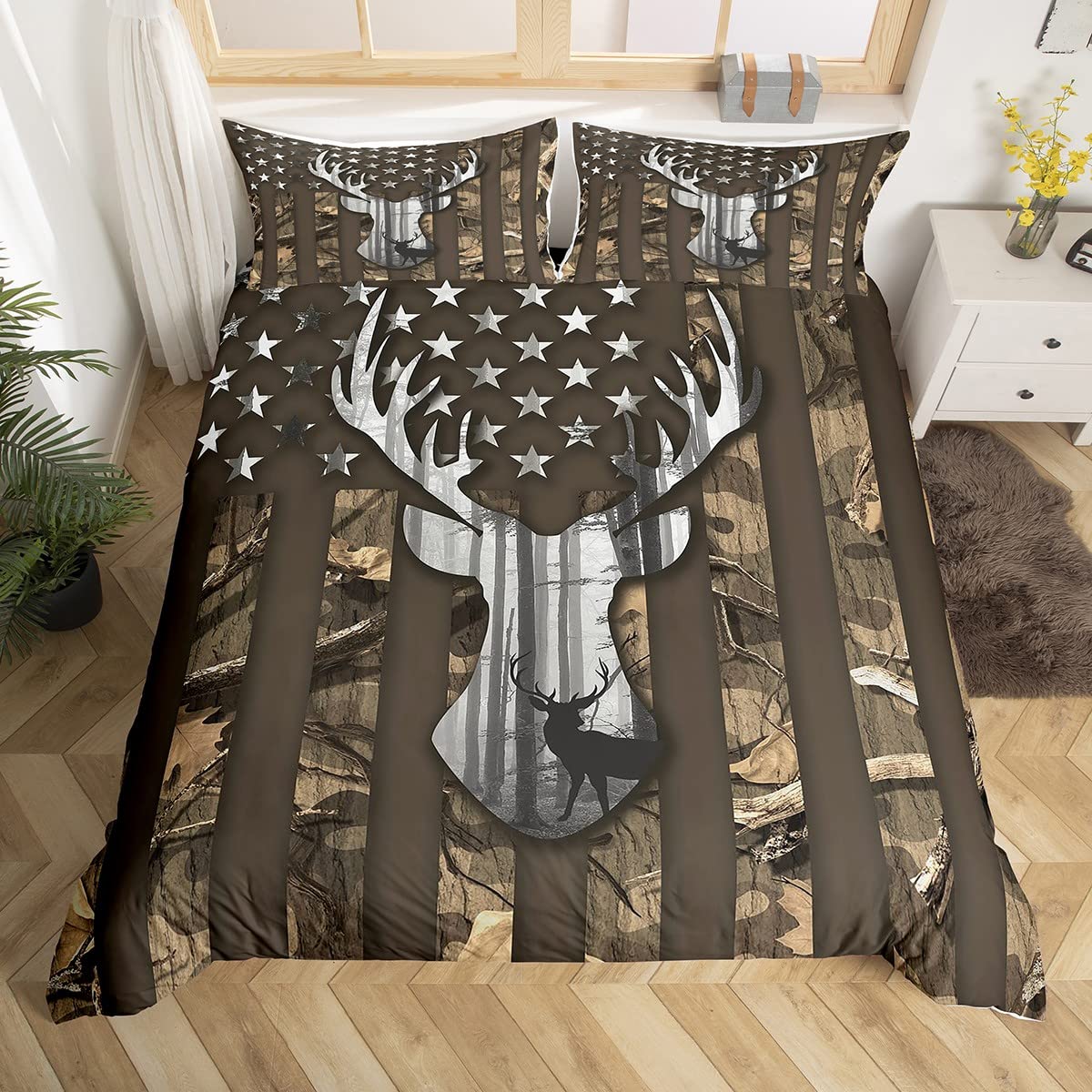 Camo American Flag Duvet Cover Single Size,Antlers Brown Camouflage Comforter Cover for Adults Kids Bedroom Decor,Wild Animal Hunting Farm Branches Star Bedding Set 1 Pillowcase,No Comforter