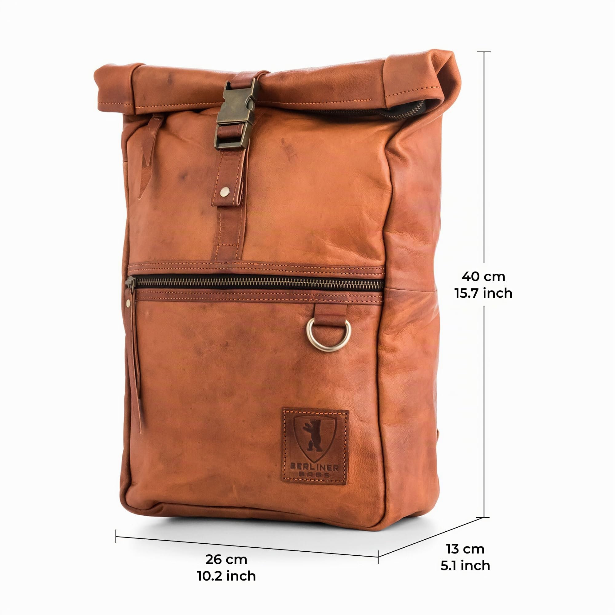 Berliner Bags Zaino Utrecht M in Vera Pelle Conciata al Vegetale, Rolltop con Scomparto per Laptop 15”, Formato Medio per Lavoro e Città, Uomo e Donna – Marrone