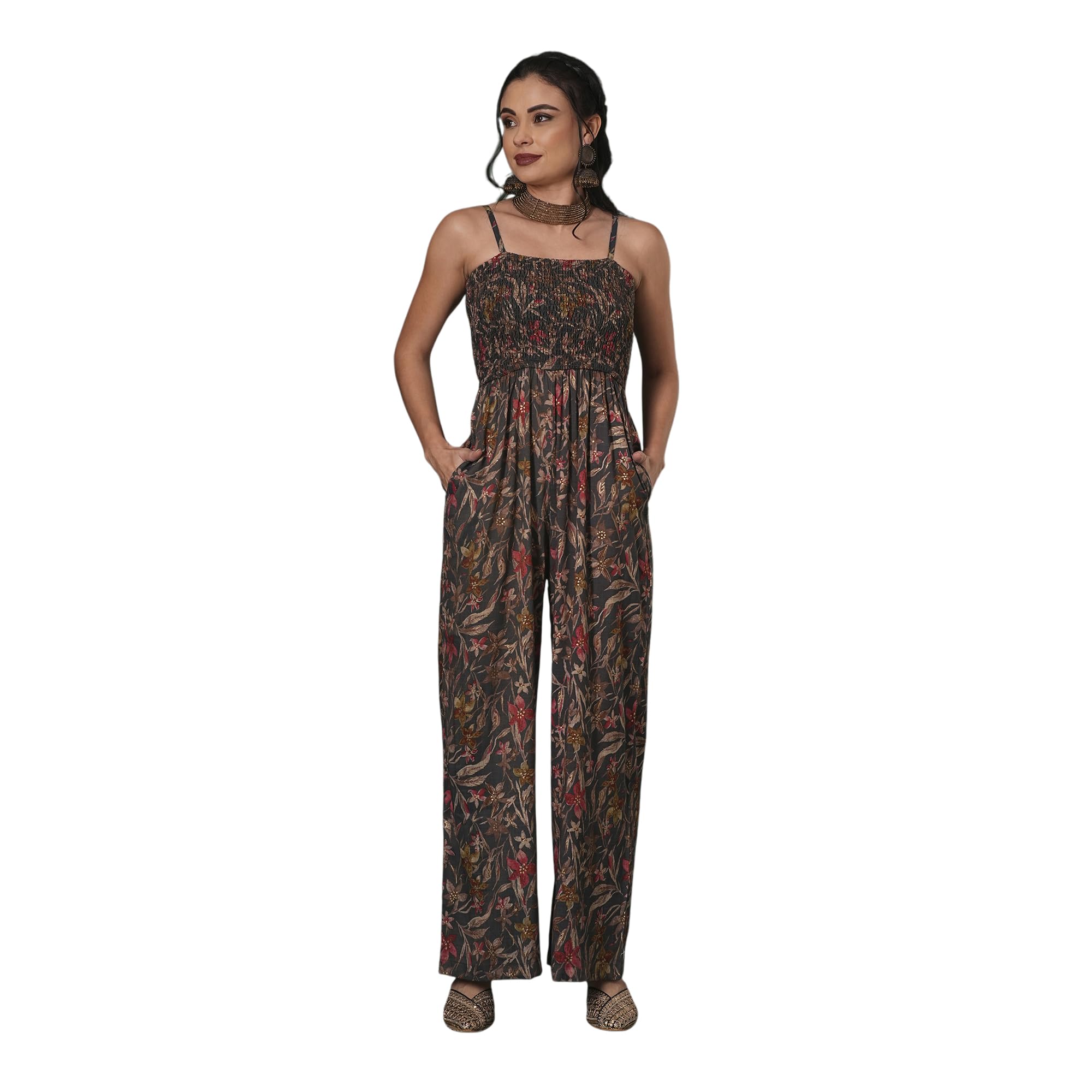 globus Women Square Neck Adjustable Strappy Shoulder Smocked Floral Print Fusion Jumpsuit-picture-25
