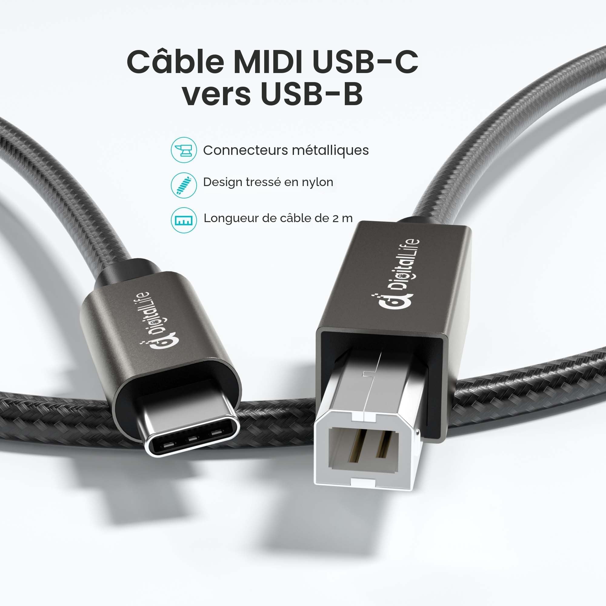 DigitalLife Câble Interface MIDI USB-B vers USB-C 2M, Tressé en Nylon - Pour Claviers, Contrôleurs et Instruments MIDI - Compatible Windows 11, macOS 15 et Linux