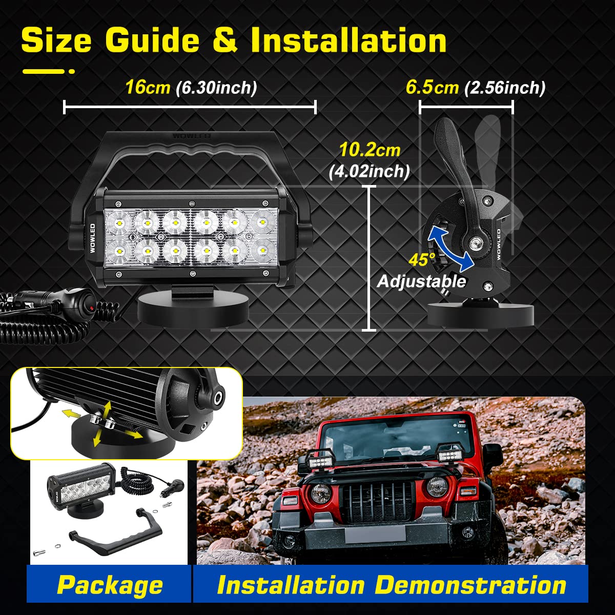 Luz de trabajo LED de montaje magnético, luz de trabajo LED portátil superbrillante de 36 W con asa de transporte duradera y resistente, faro de inundación para camping, coche, SUV, barco, bar,