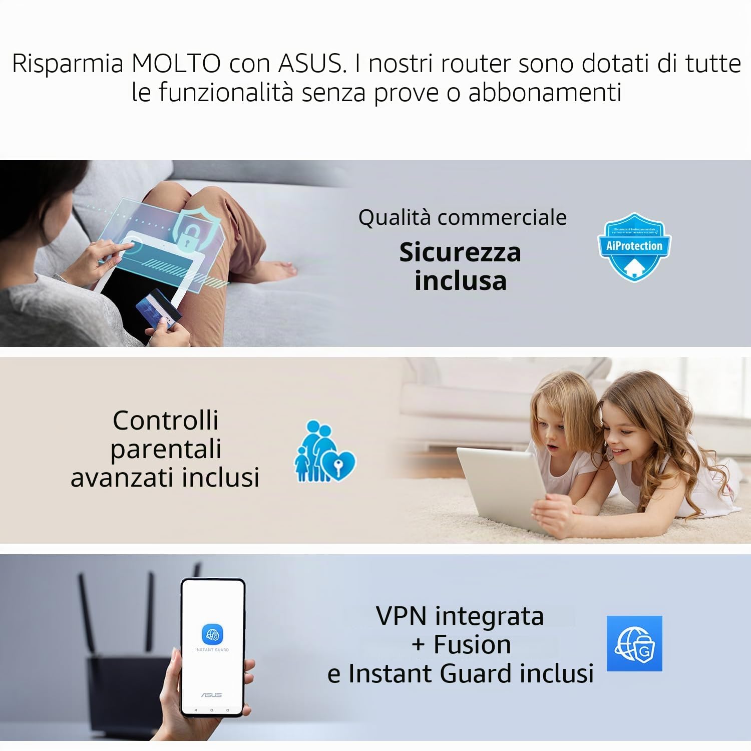 ASUS RT-BE86U BE6800 Router Wi-Fi a doppia banda, supporta 4096-QAM, MLO, riconoscimento KI-WAN, AiMesh, sicurezza di rete senza abbonamento e funzioni VPN complete, Guest Network Pro, Gaming