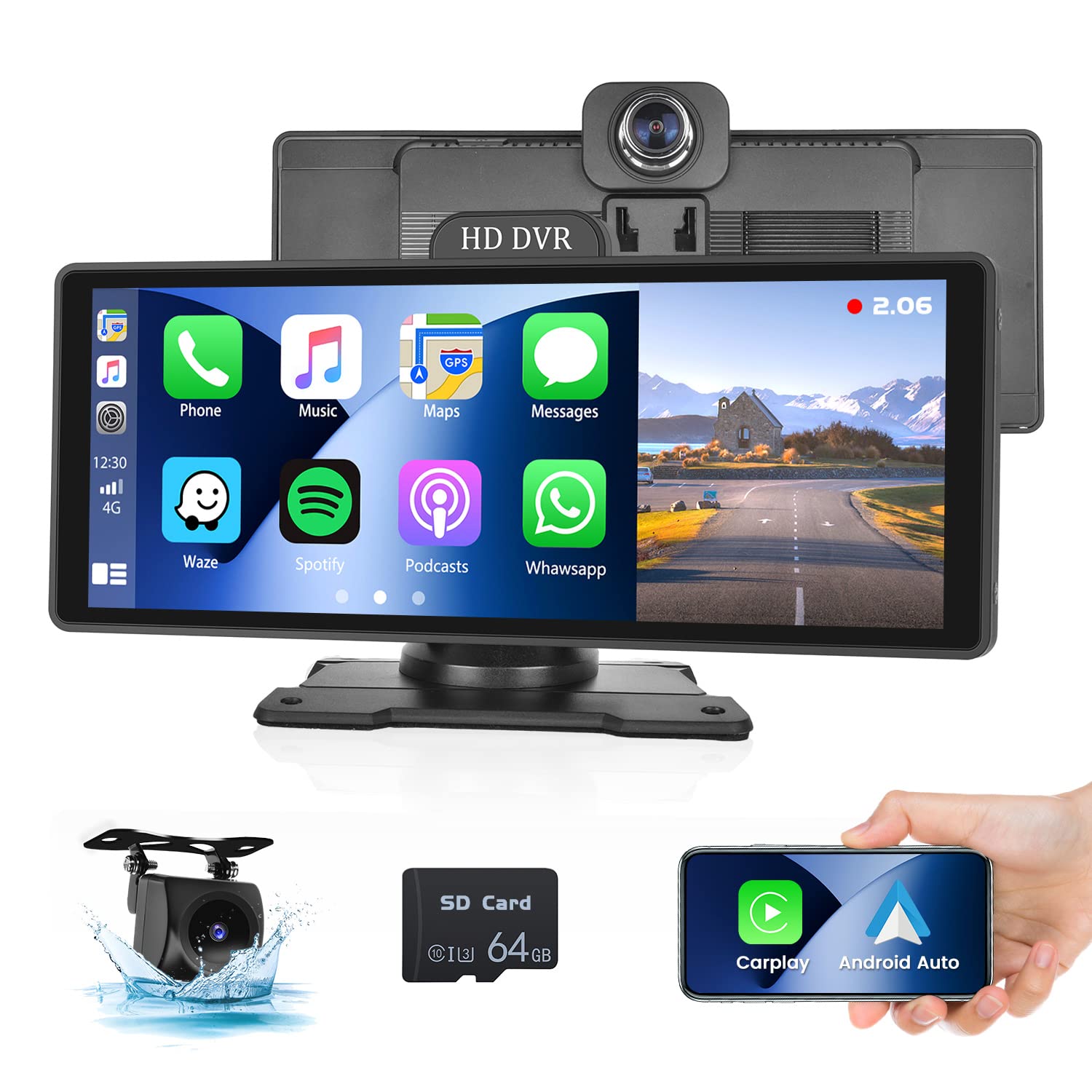 Hikity Portable Car Stereo Wireless Apple CarPlay Android Auto, 10.3 Inch HD Touchscreen Portable Car Radio with 4K Dash Cam, Backup Camera, GPS Track, ADAS, Bluetooth/AUX/Voice Control