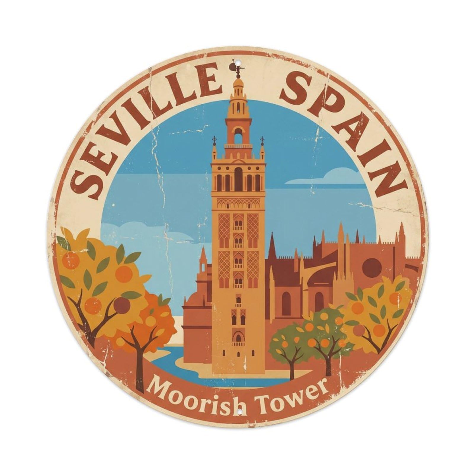 Vintage Travel Seville Spain Tower Metal Tin Sign Plaque Wall Decor for Cafe, Club, Garden Round Metal Poster 8x8Inch
