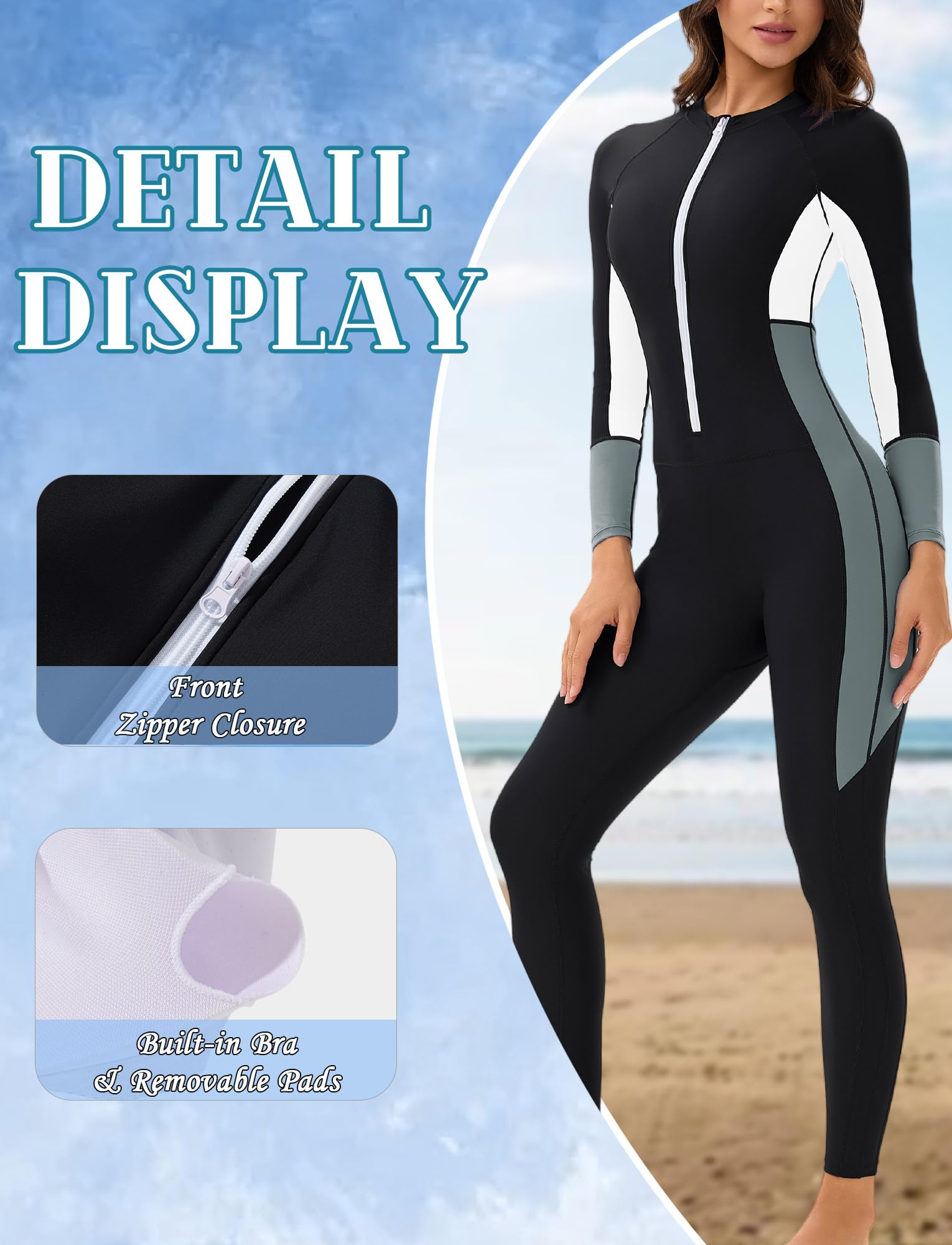 Rash Guard - Costume da bagno da donna con protezione solare per gambe e braccia, con chiusura lampo, slim fit, taglie XS-3XL (taglia S-4XL)