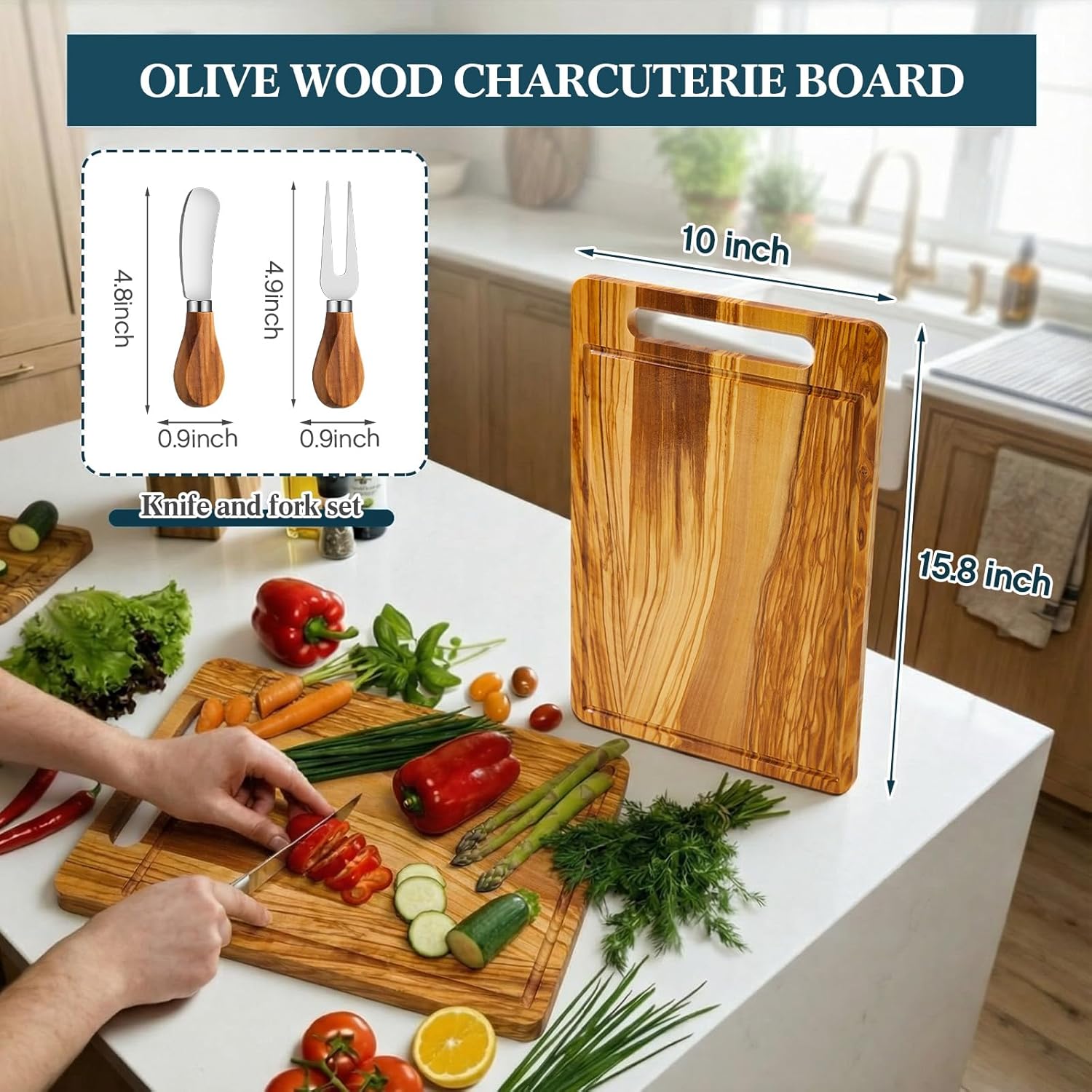 Large Olive Wood Charcuterie Board & Cheese Knife Fork Set Housewarming Wedding Gifts for Couples 15.8" x 10" Handcrafted Charcuterie Board with Cheese Knife Fork for Kitchen Bridal Shower