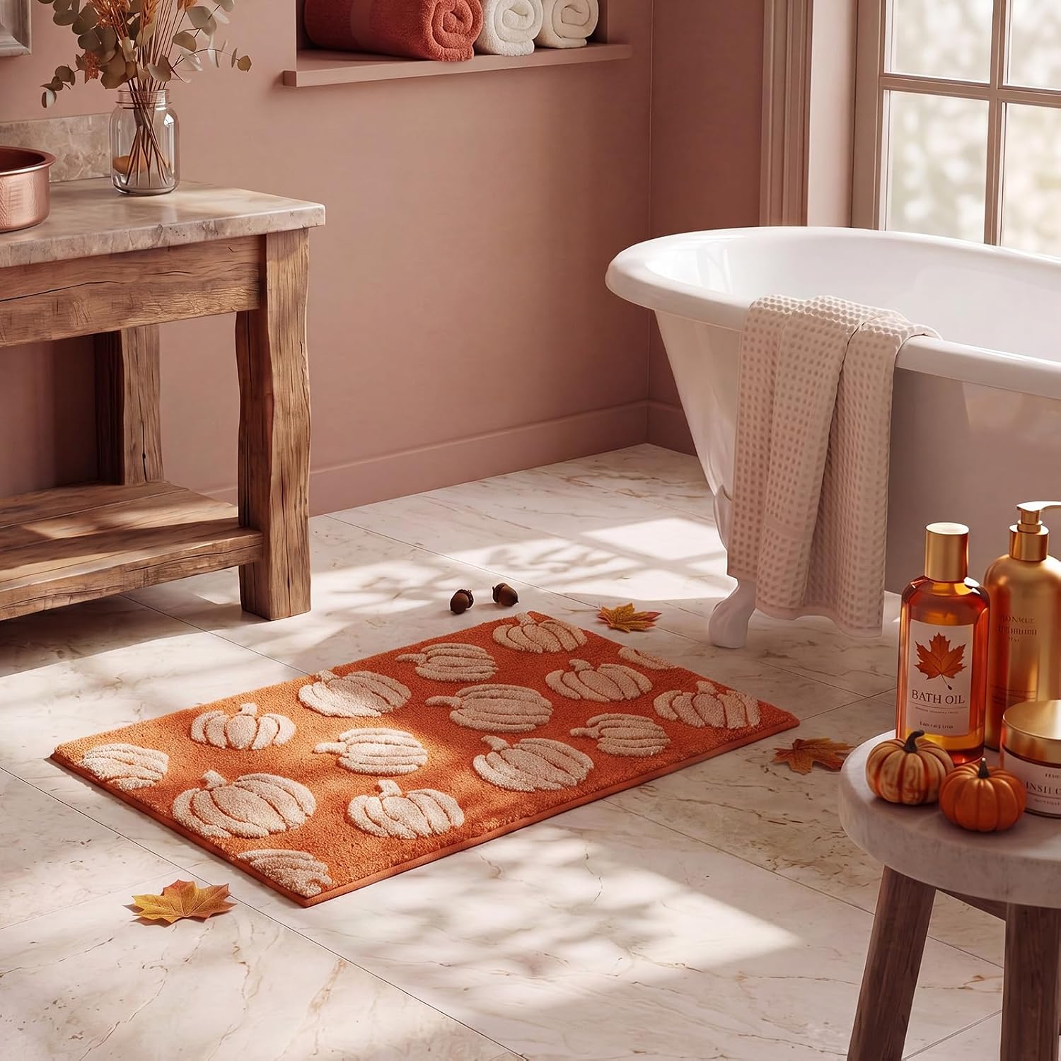 Lyrow 29 x 17'' Fall Pumpkin Bathroom Rugs 3D Orange Pumpkin Bath Mat