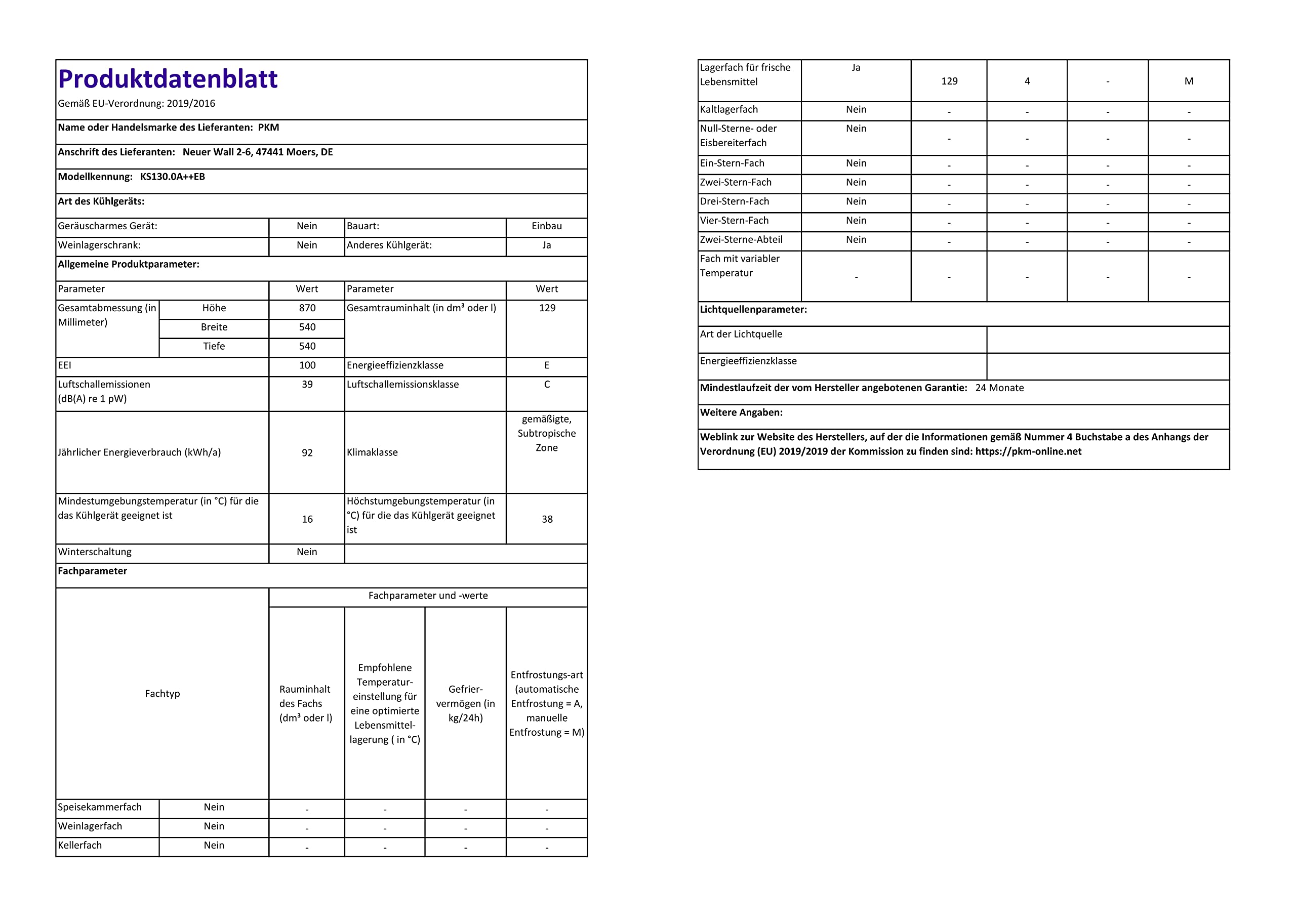 PKM Frigorifero da incasso KS130.0A++EB senza congelatore, 87 x 54 cm, capacità utile 124 litri, funzionamento silenzioso 39 dB, fermata della porta sostituibile, consumo di energia 92 kWh/anno,