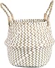 FEILANDUO Laundry Basket Wicker Woven Belly Baskets Decor Home Storage for Fruit Hand-woven Seaweed Collapsible with Handle for Organizer Plant Pot CoverWhite, Large
