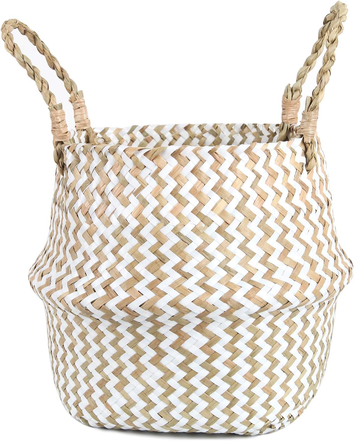 FEILANDUO Laundry Basket Wicker Woven Belly Baskets Decor Home Storage for Fruit Hand-woven Seaweed Collapsible with Handle for Organizer Plant Pot Cover(White, Large)