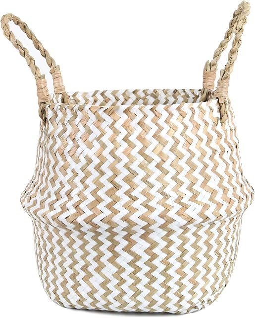 FEILANDUO Laundry Basket Wicker Woven Belly Baskets Decor Home Storage for Fruit Hand-woven Seaweed Collapsible with Handle for Organizer Plant Pot Cover(White, Large)