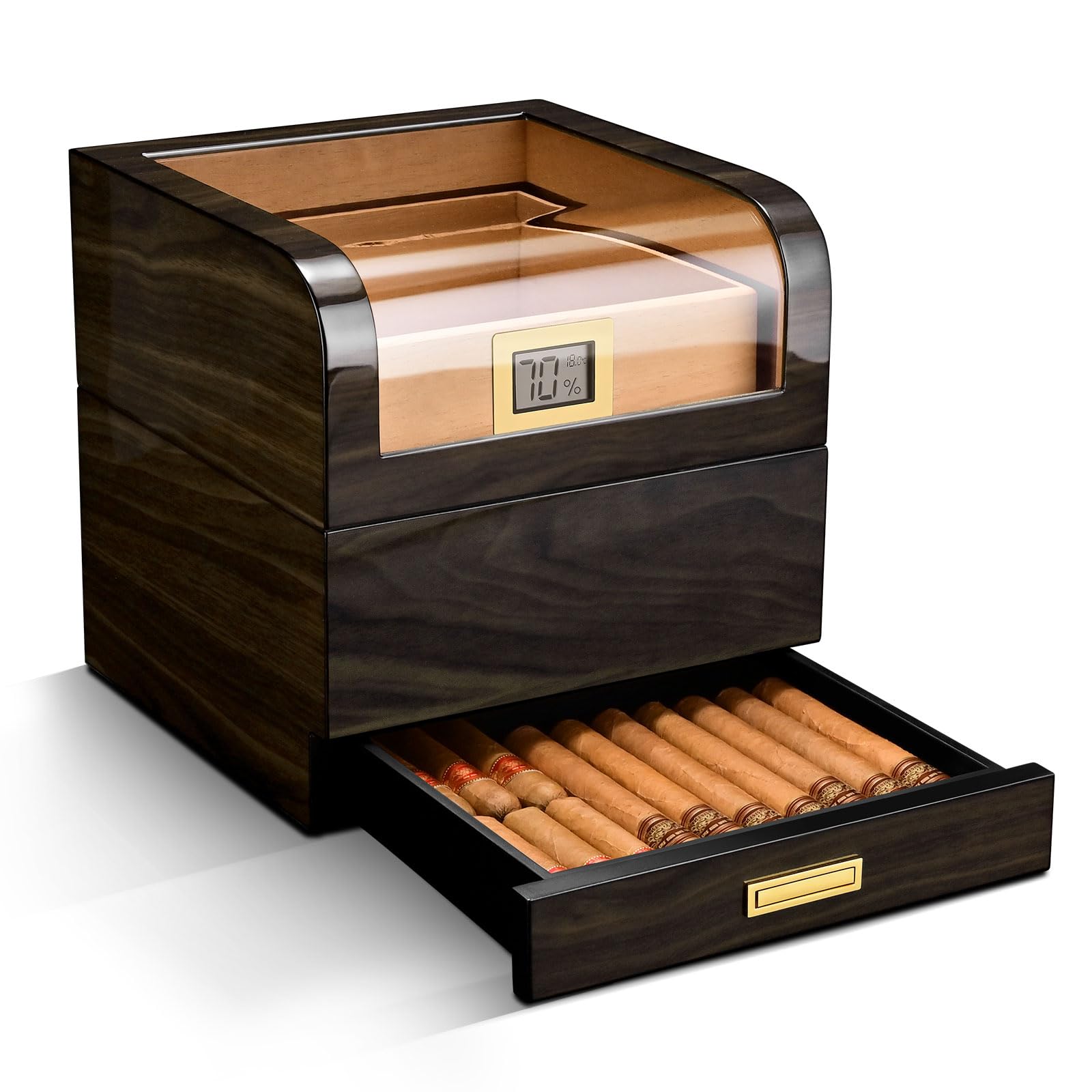 CIGARLOONG Cigar Humidor Cedar Wood Large Partitioned Storage for 100 Cigars with Drawer,Digital Hygrometer,Humidifier Glass Top Humidor(Grey)