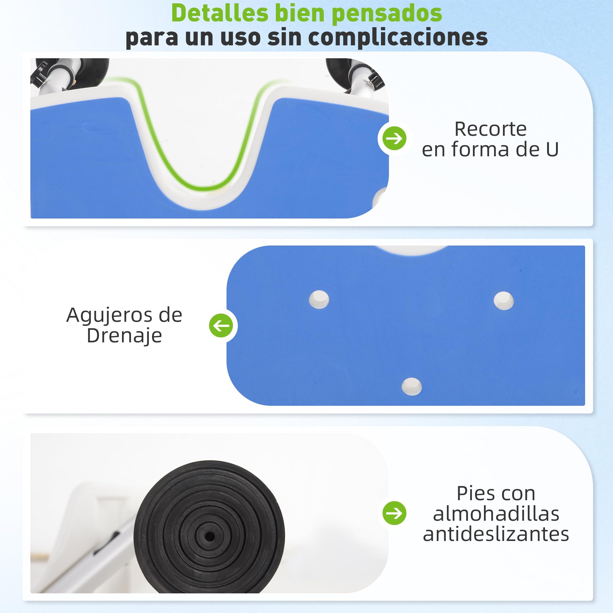 HOMCOM Taburete de Ducha Antideslizante para Personas Mayores 150 kg Azul | Silla para Ducha, Barra de Agarre por Ventosas, Altura Regulable, Asiento en Forma de U